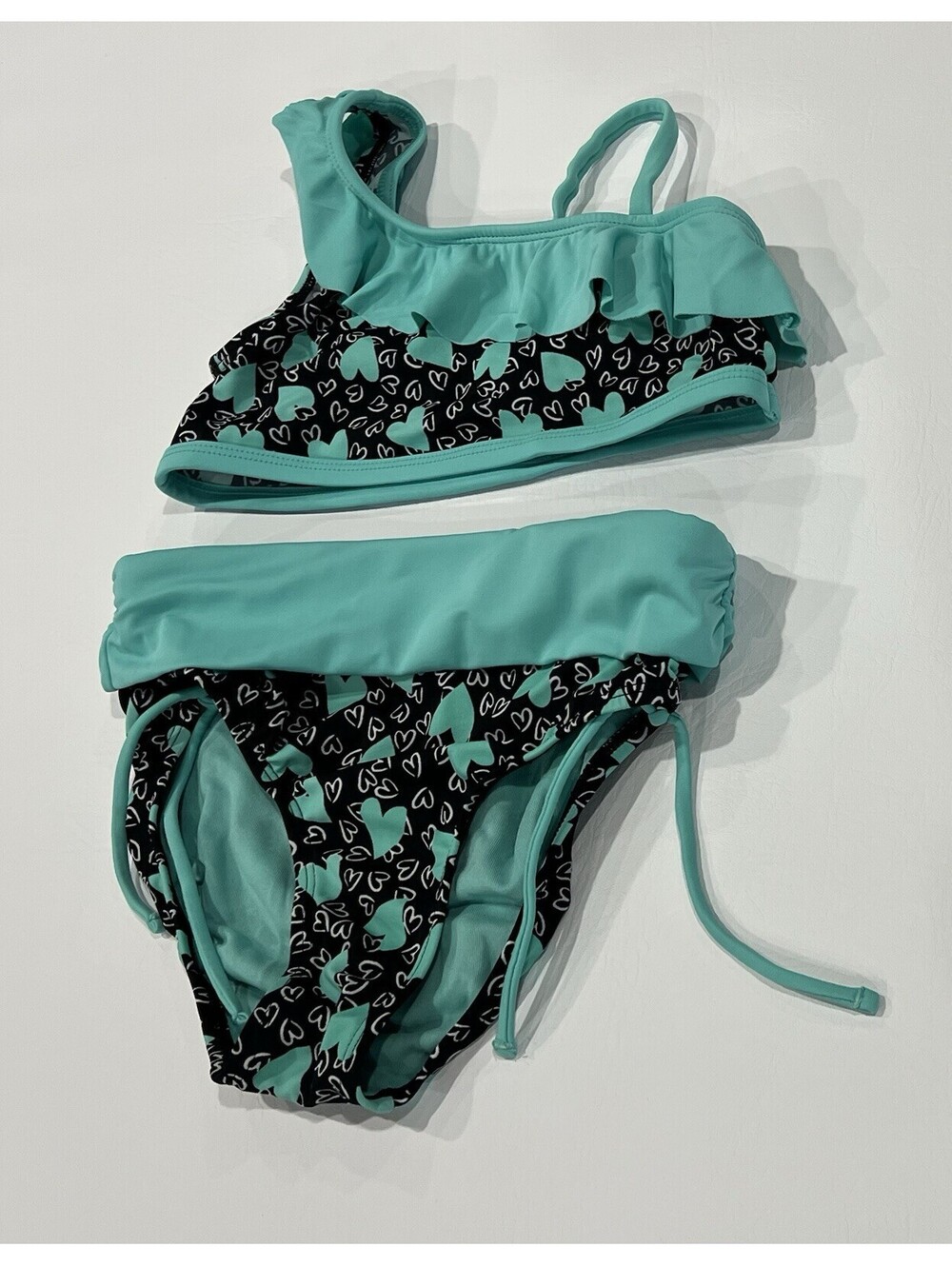 JUSTICE GIRLS 2 PIECE SWIMSUIT SIZE 10 TEAL BLACK HEARTS